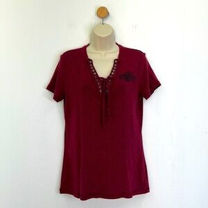 Harley Davidson - Burgundy Freedom Laced Neckline Short Sleeve T Shirt Small
